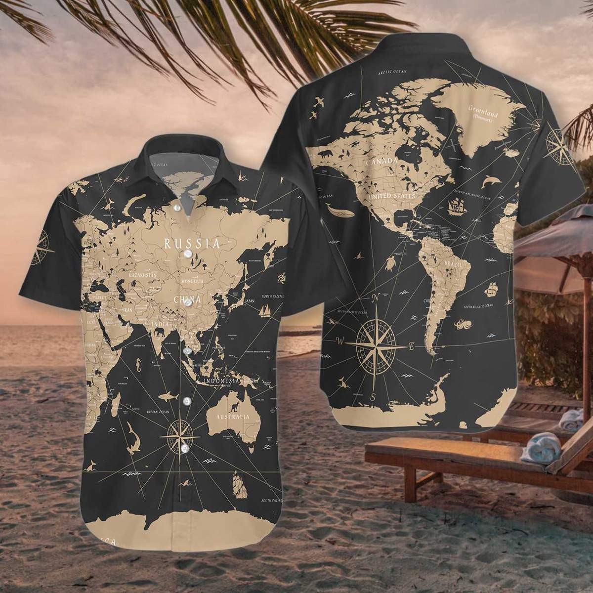 World Map Vintage Black Golden Hawaiian Shirt
