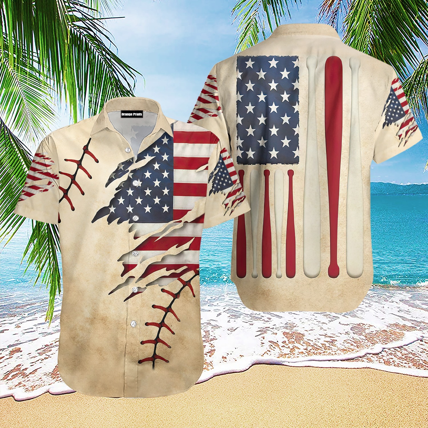 Vintage American Baseball Bat Flag Hawaiian Shirt