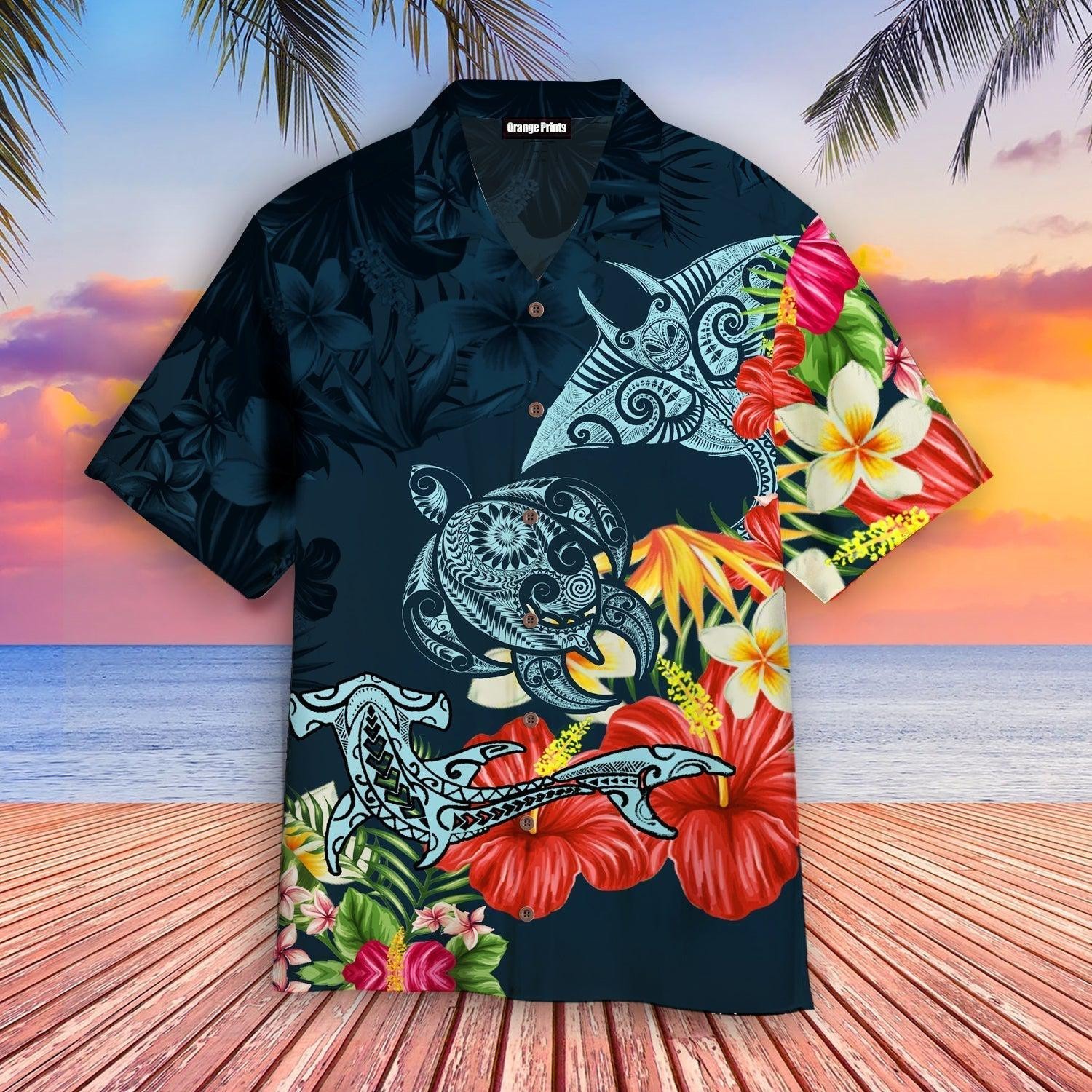 Turtle Shark Manta Ray Hibiscus Plumeria Hawaiian Shirt