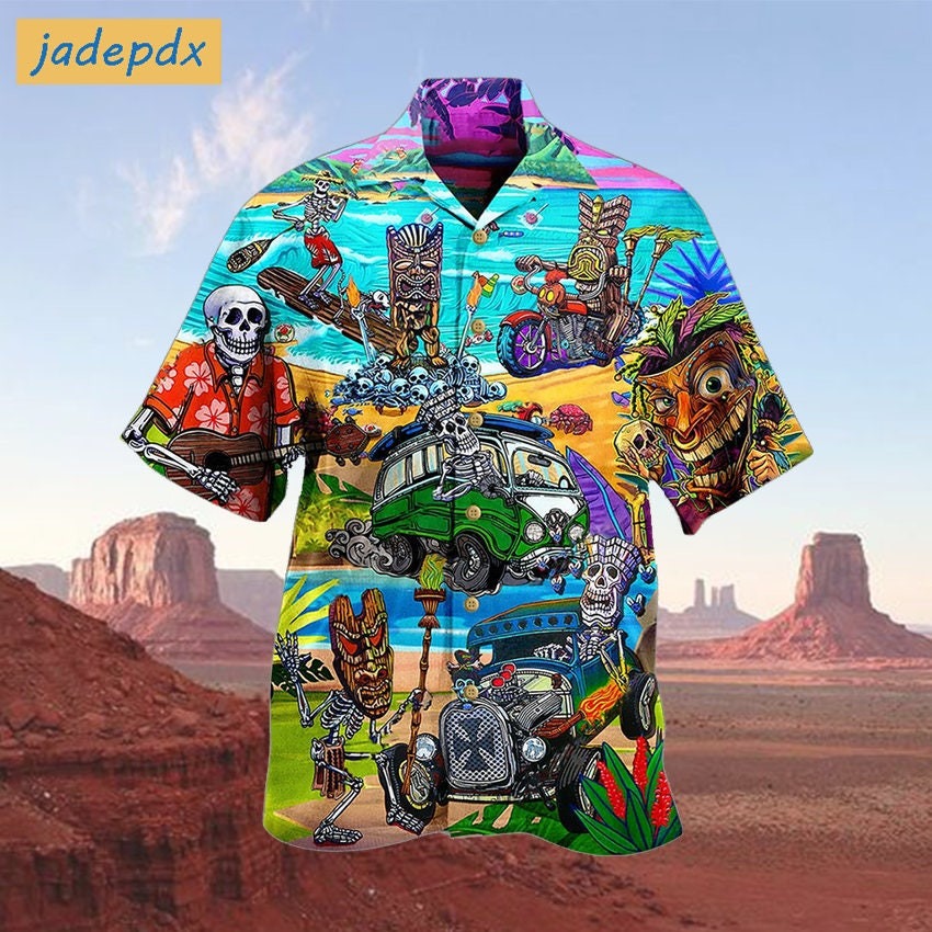 Tiki And Skull Blue Sea Funny Design Hawaiian Shirt