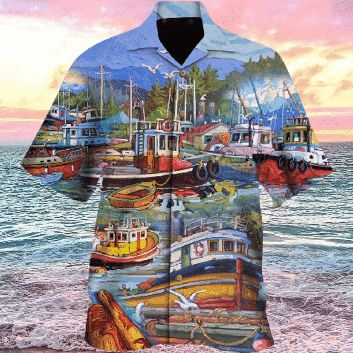 Colorful Ships In The Port Hawaiian Shirt