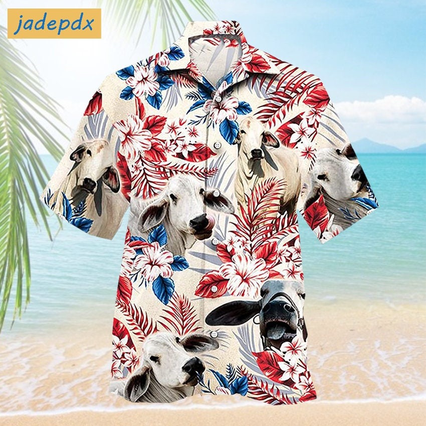 Tropical Floral Brahman Cow American Flag Hawaiian Shirt