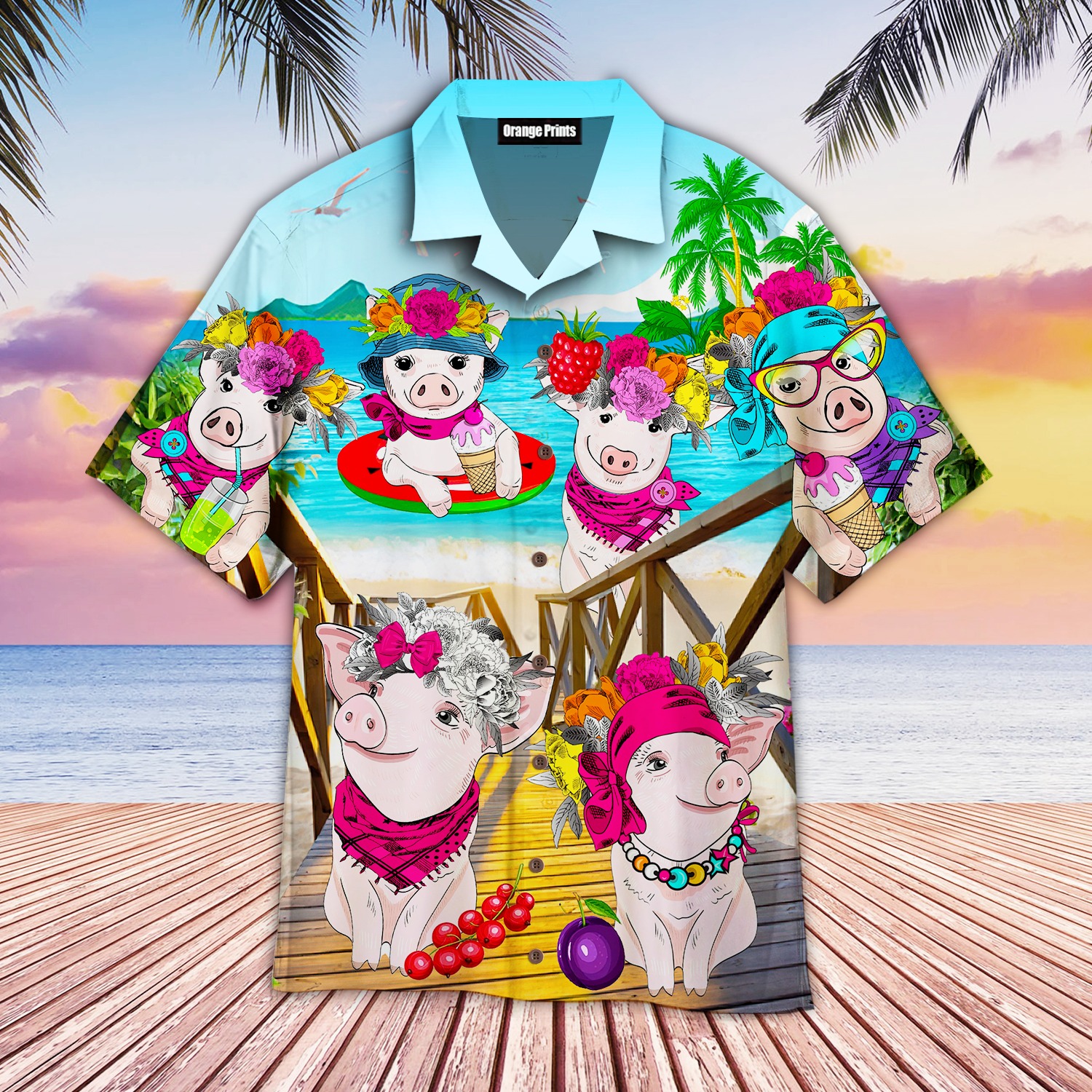 Pig Colorful On Beach Hawaiian Shirt