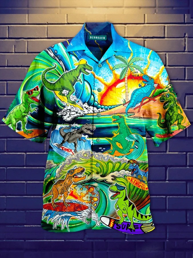 rex Dinosaur Surfing On The Summer Beach Hawaiian Shirt