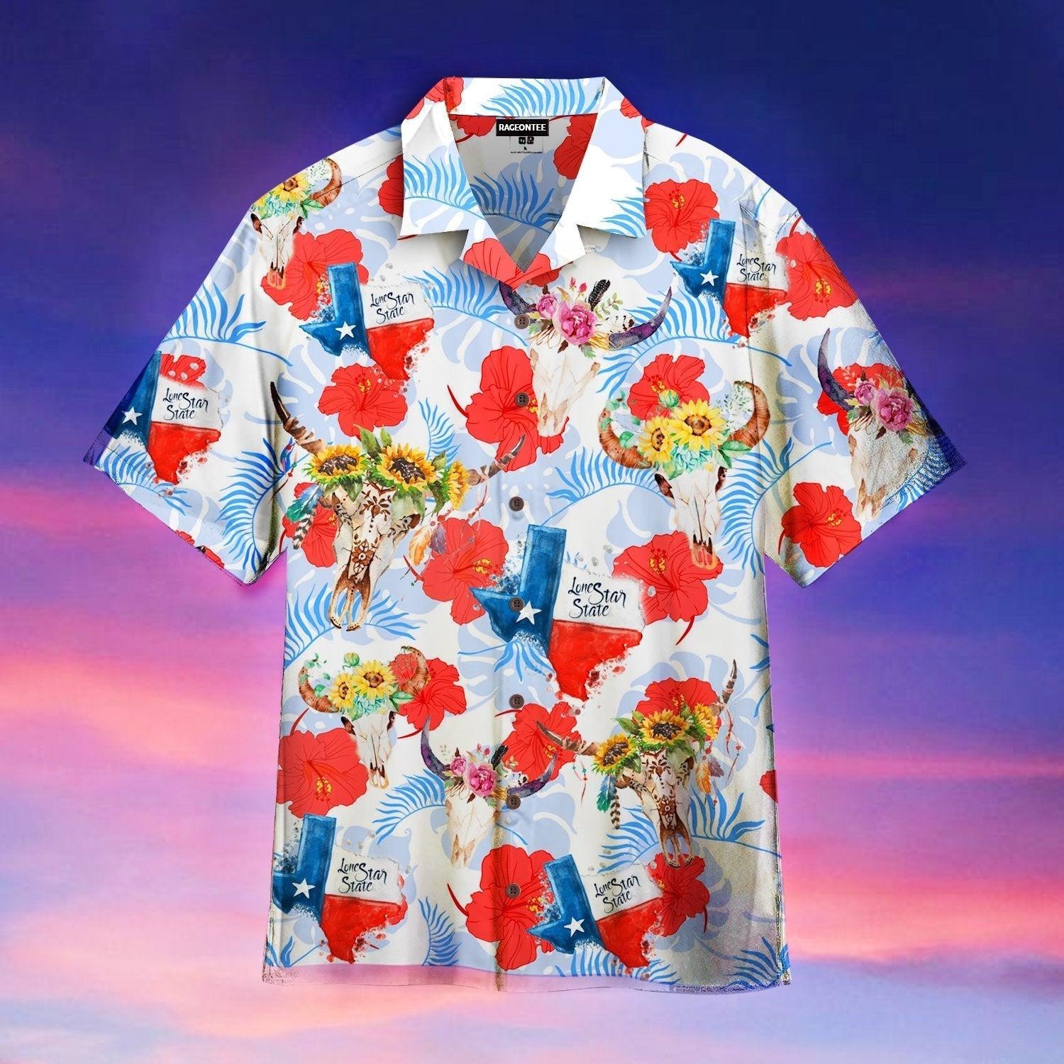 Texas Tropical Flag And Cow Skull Hawaiian Shirt
