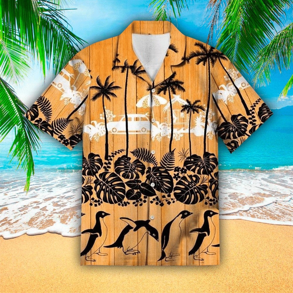 Palm Tree Penguin Tropical Leaves Hawaiian Shirt