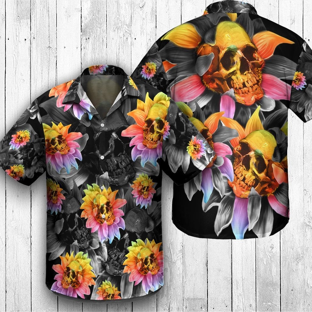 Rainbow Sunflower Skull Hawaiian Shirt