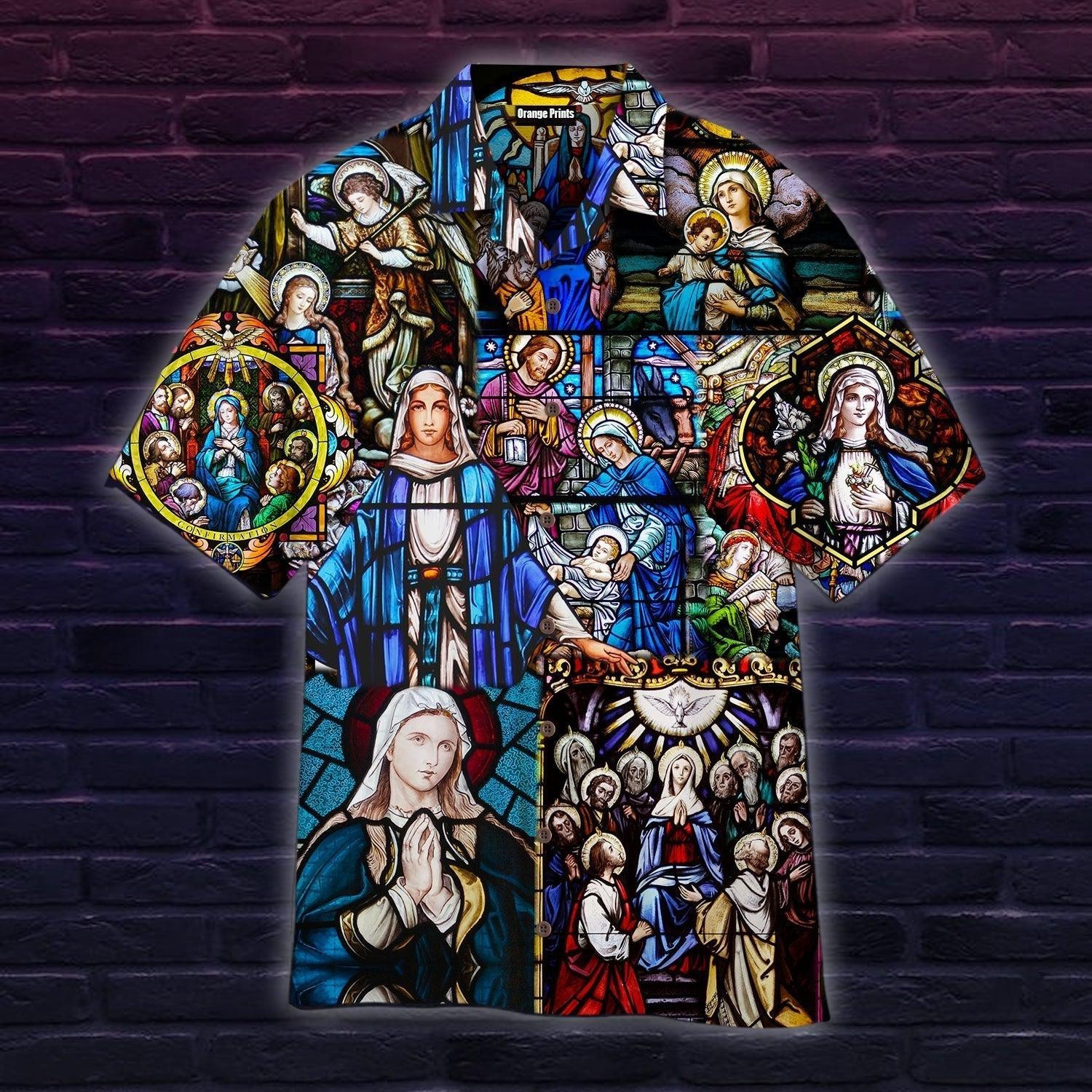 “Mary’s Coronation” Religious Stained Glass Jesus Hawaiian Shirt