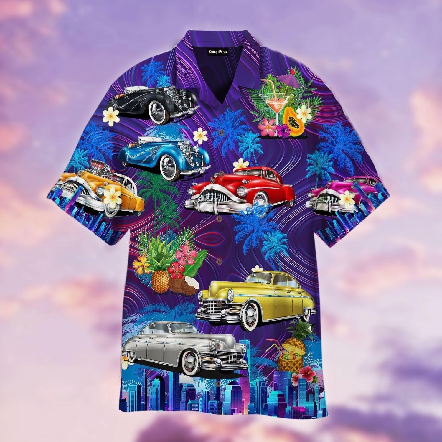 Vintage Hot Rod Car Sunset Beach Hawaiian Shirt