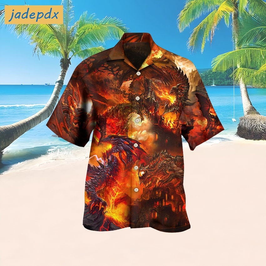Fire And Lava Dragon Attacking Castle Hawaiian Shirt
