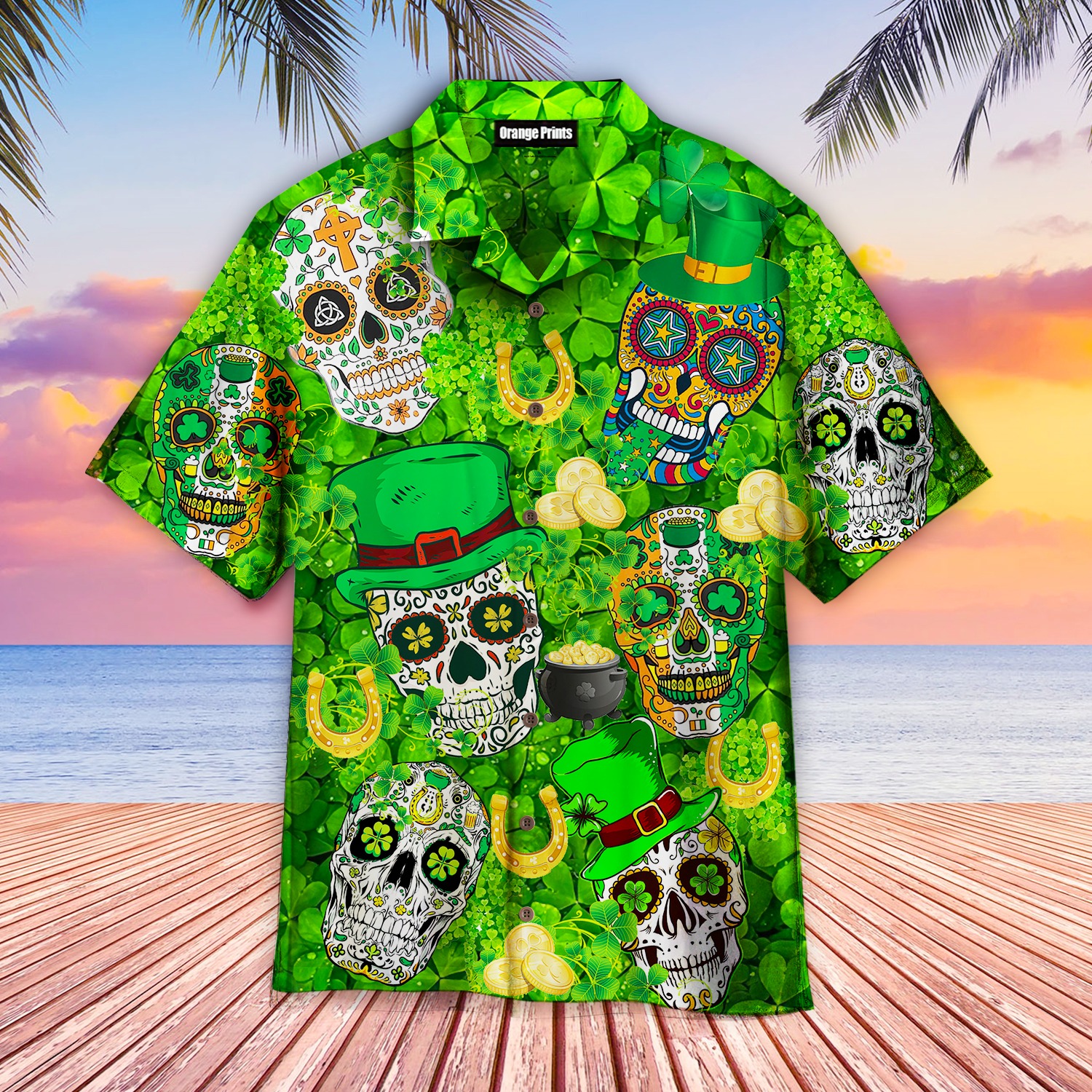Green Sugar Skull St Patricks Day Hawaiian Shirt