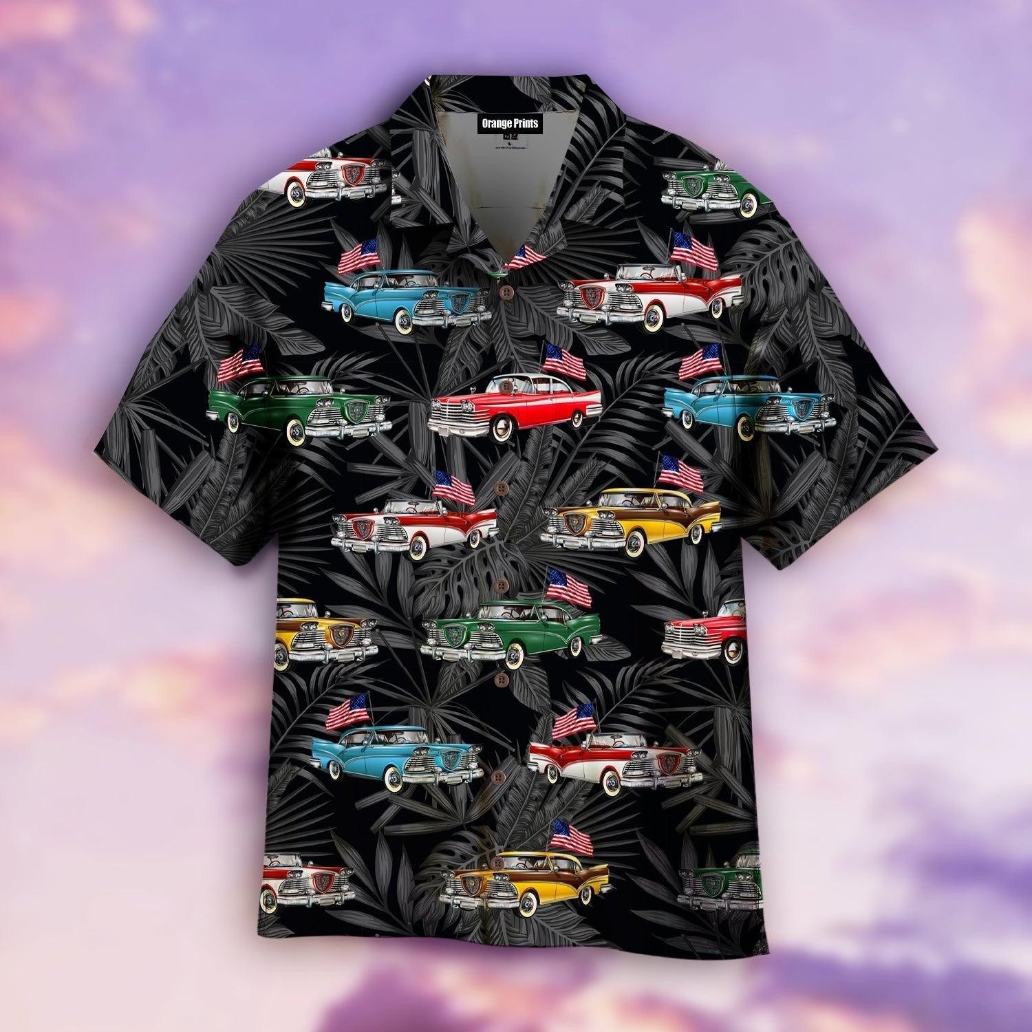 Vintage Car With American Flag Hawaiian Shirt