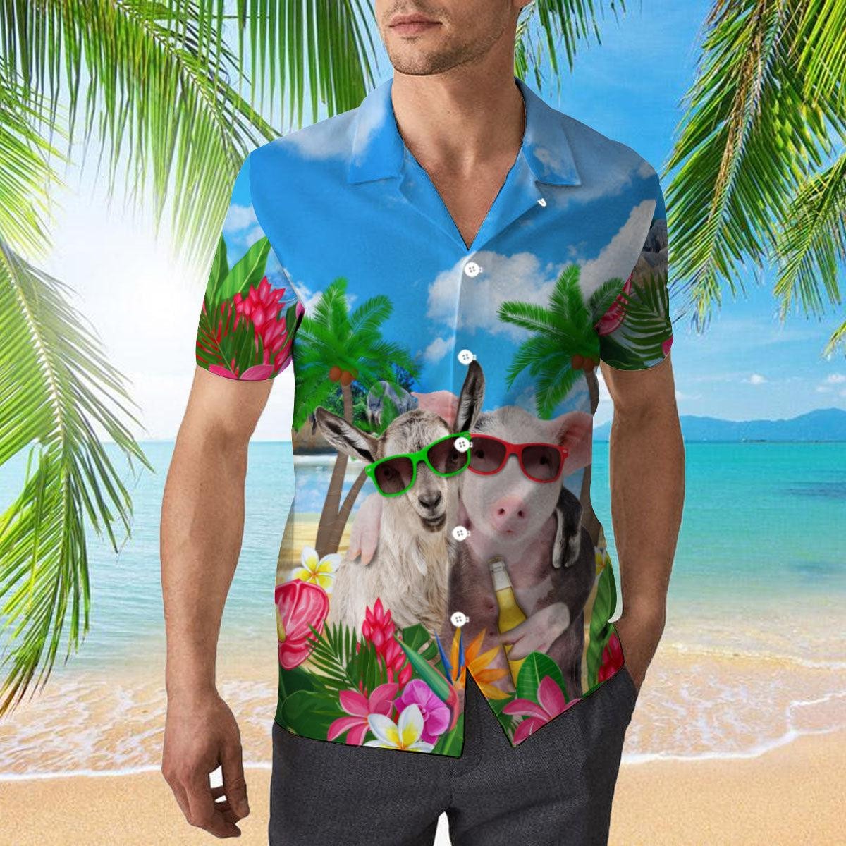 Pig And Goat In Sunglasses Hugging While Drinking Beer Hawaiian Shirt