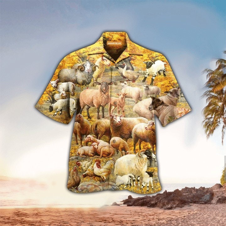 Sheep In Autumn Yellow Hawaiian Shirt