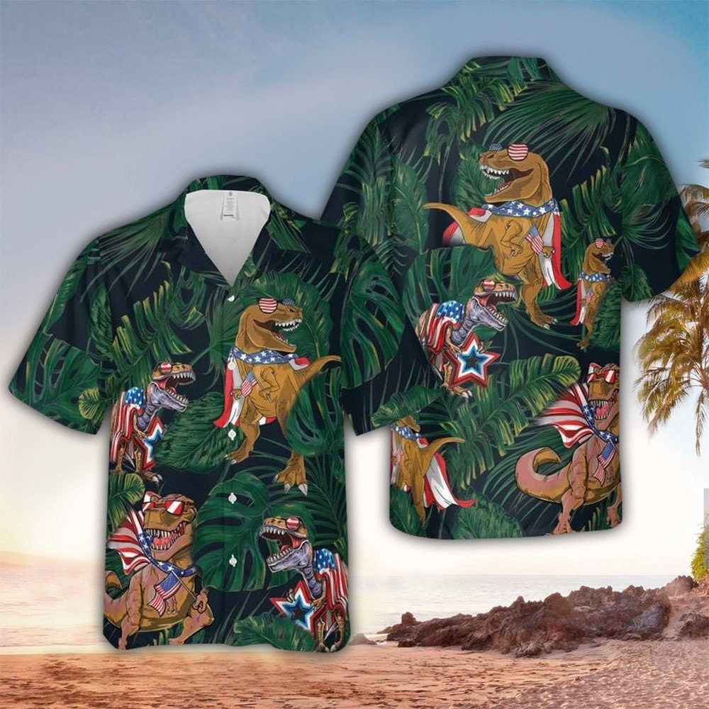 Tropical Patriotic Dinosaur Hawaiian Shirt