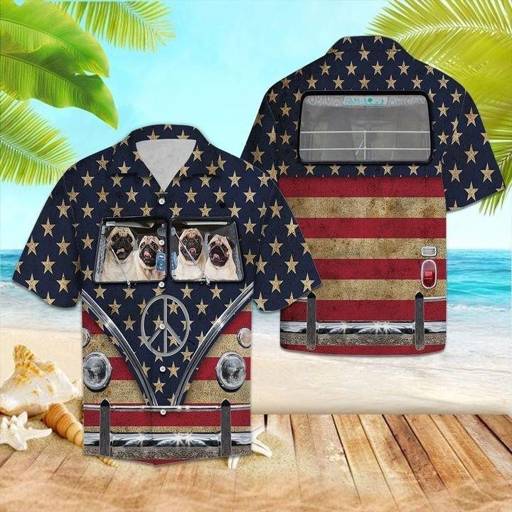 Pug Flag Hippie Bus Hawaiian Shirt