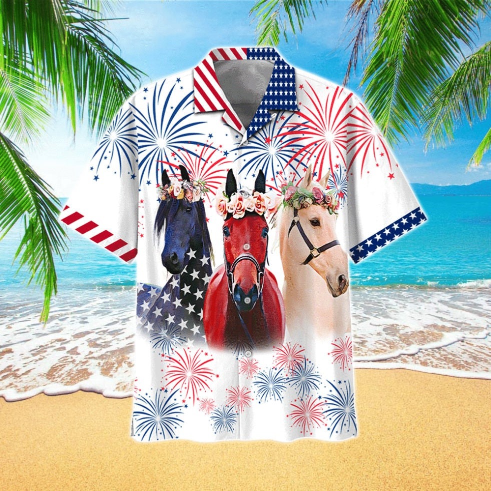 Three Horse American Flag Fireworks Horse Liver Hawaiian Shirt