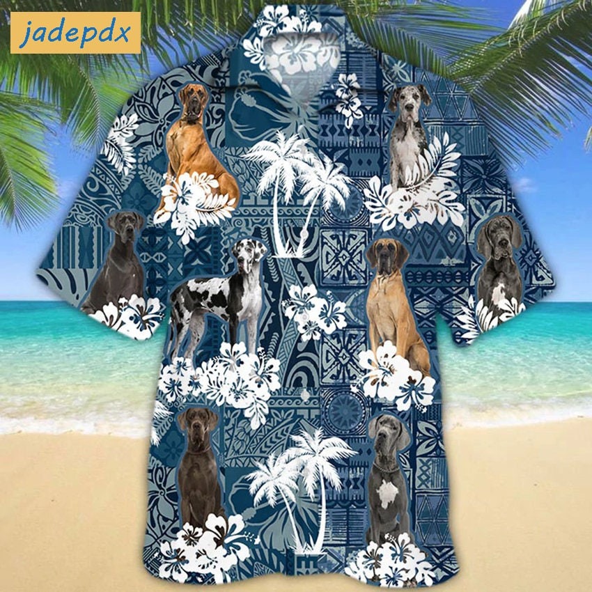 Great Dane Blue Tropical Hibiscus And Palm Hawaiian Shirt