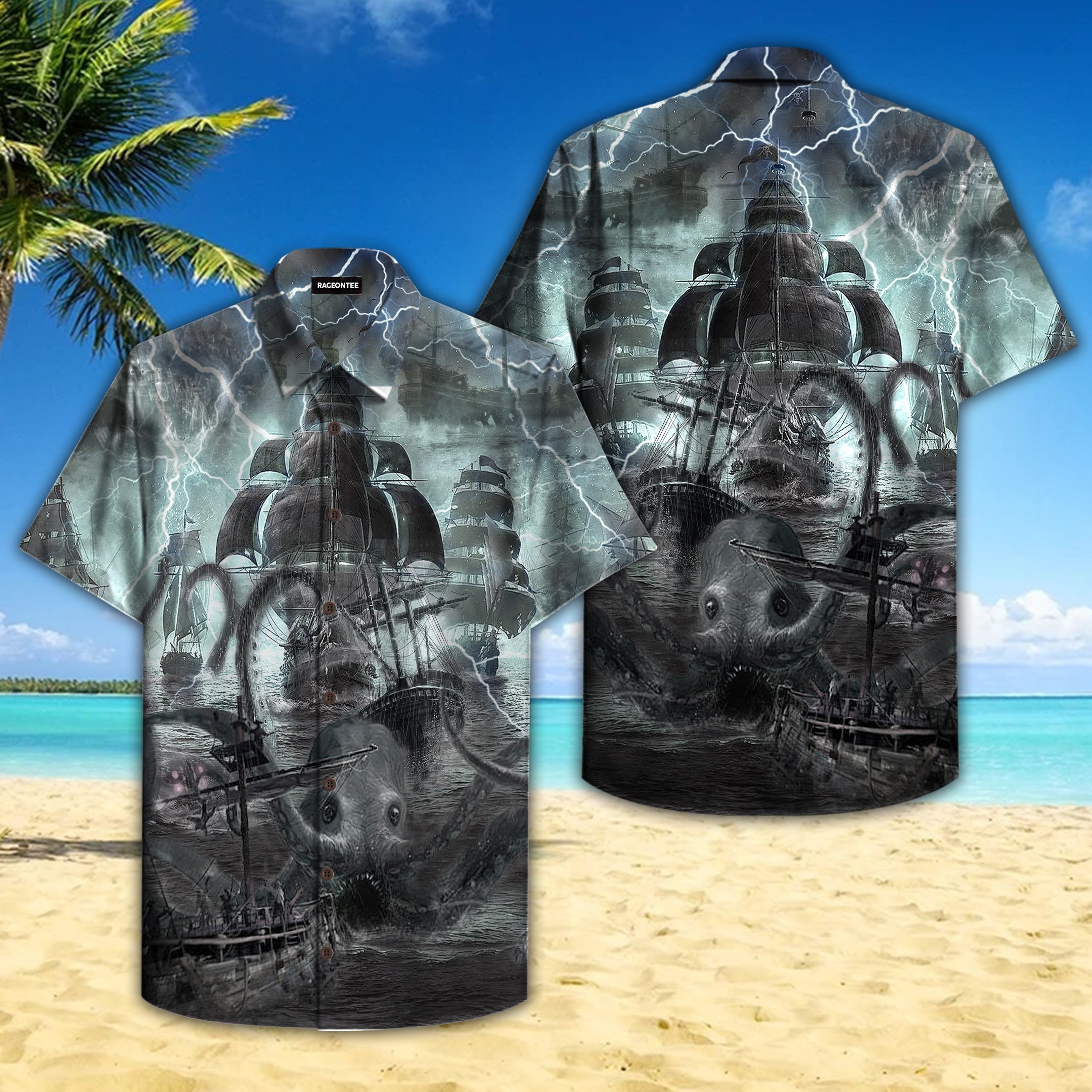 Sea Monster Attached Pirate Ship Hawaiian Shirt