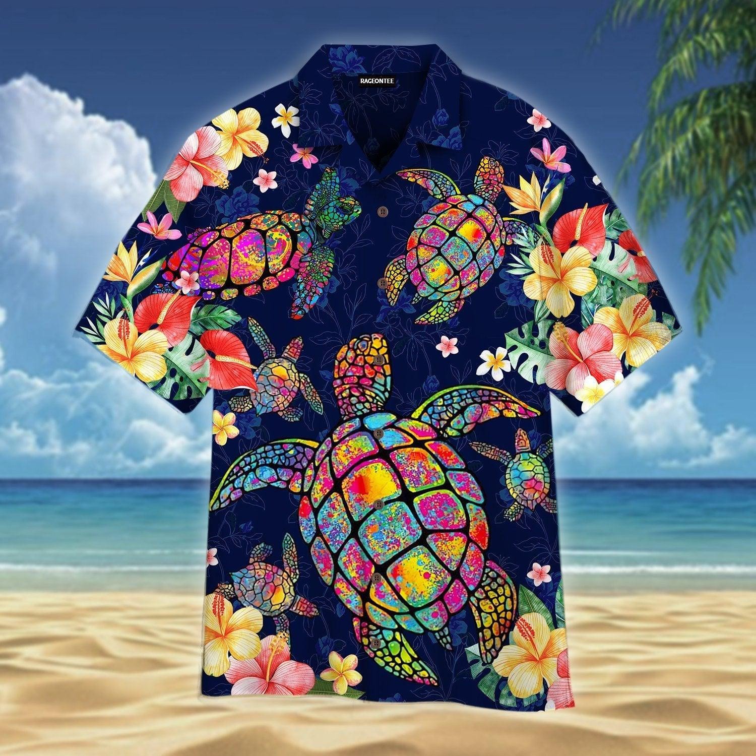 Turtle In Tropical Flower Hawaiian Shirt