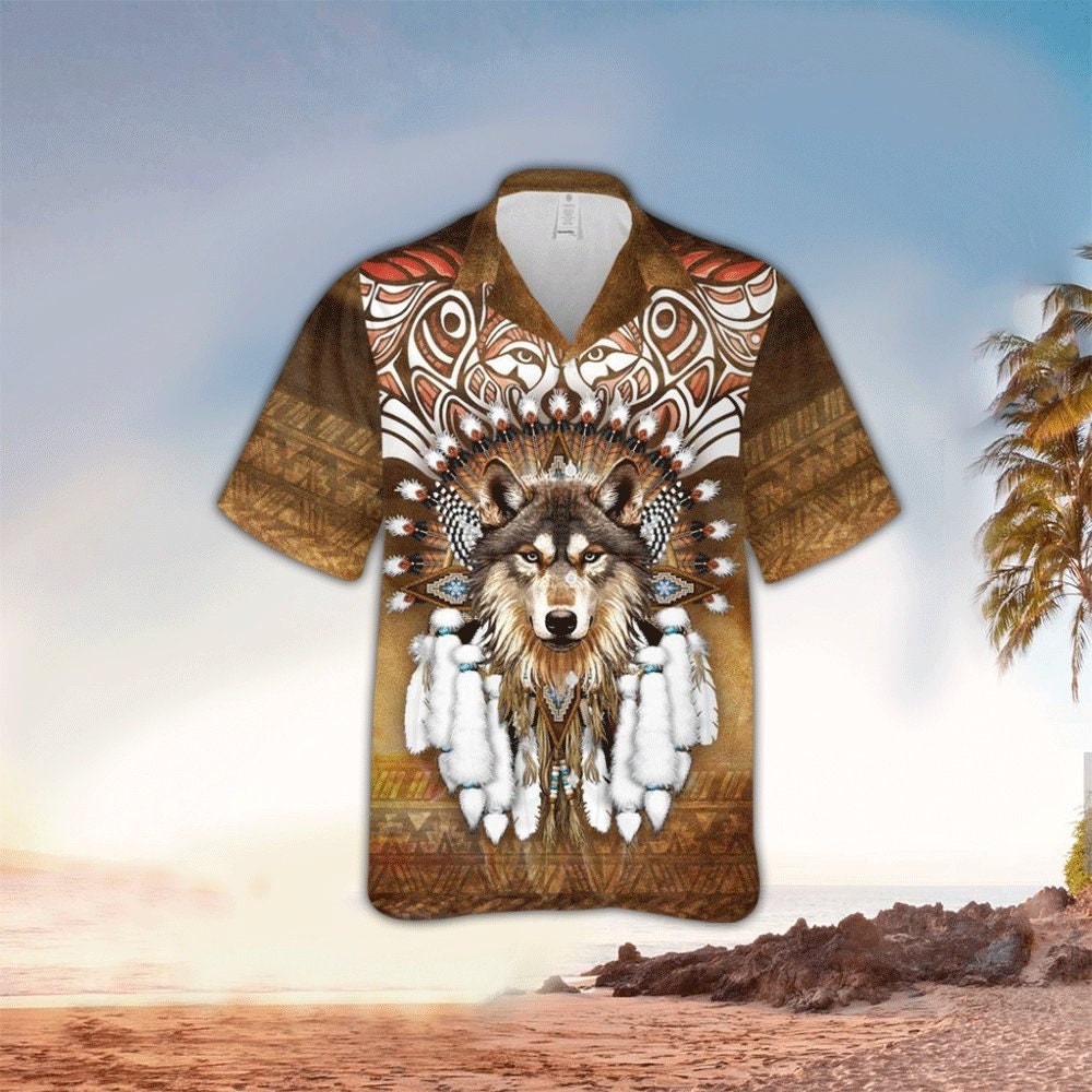 Brown Native Wolf Hawaiian Shirt