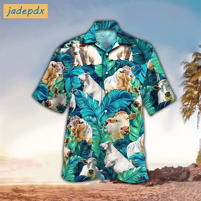 Charolais Cow Tropical Leaves Hawaiian Shirt