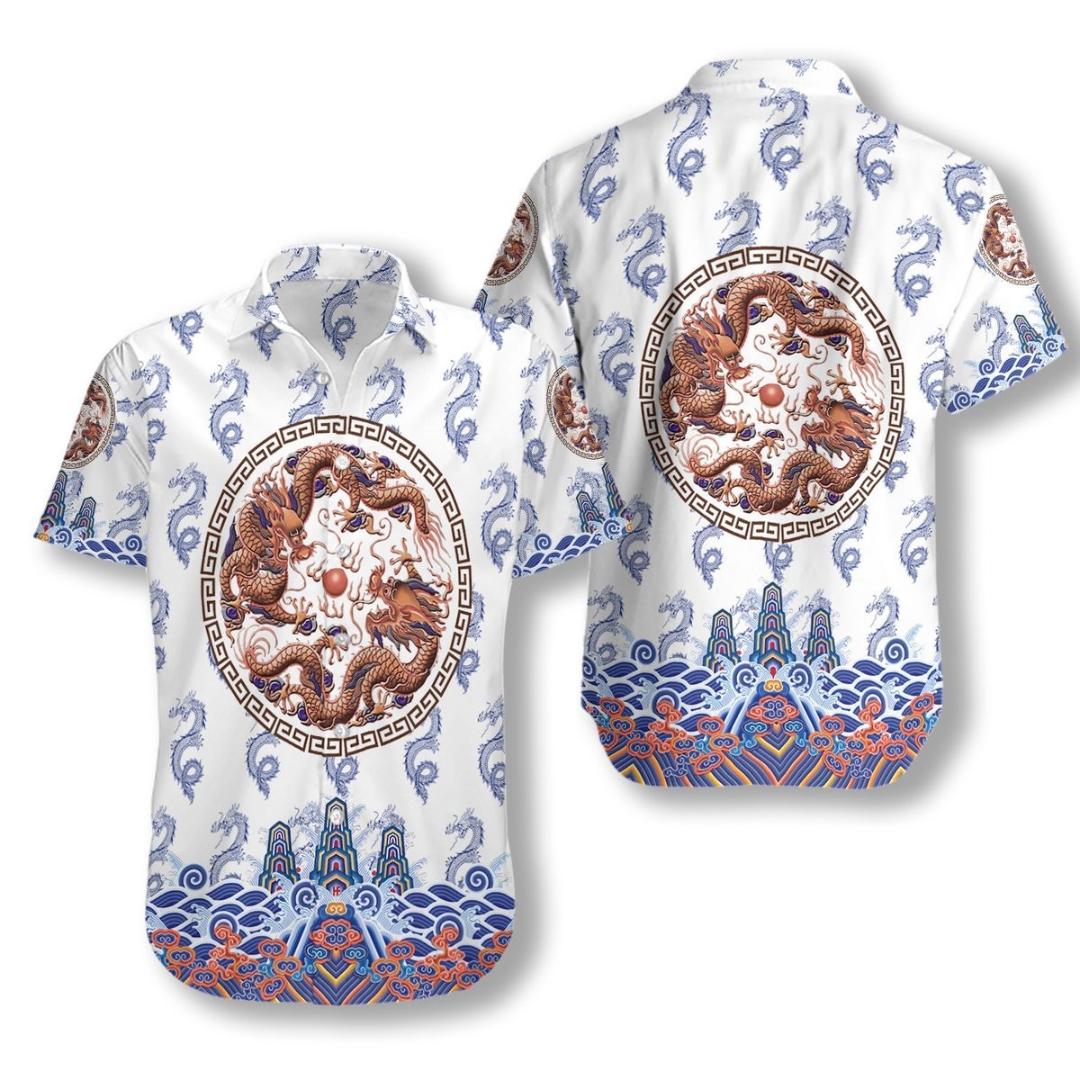 Chinoiserie Dragon White Hawaiian Shirt