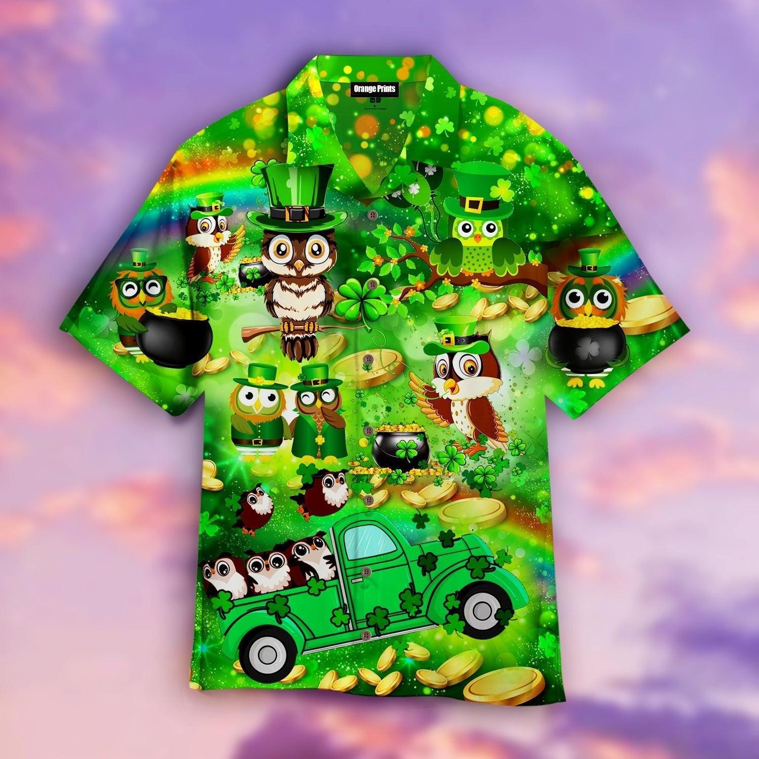 Irish Owl Patrick’S Day Shamrock Green Hawaiian Shirt