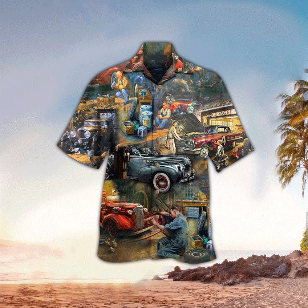 Retro Mechanic Man And Car Hawaiian Shirt
